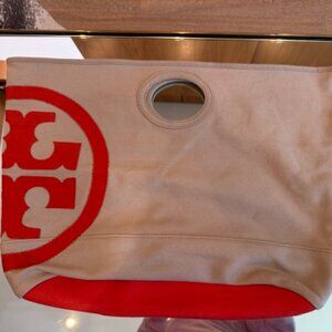 Tory Burch Orange & Tan Canvas Beach Tote